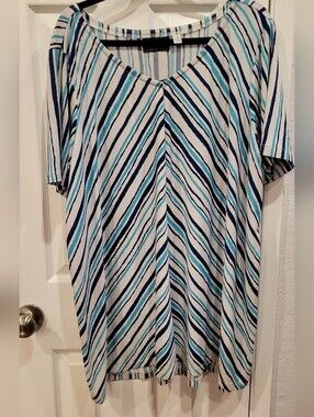 Bob Mackie Diagonal Stripe V-Neck Tunic in Blue and White